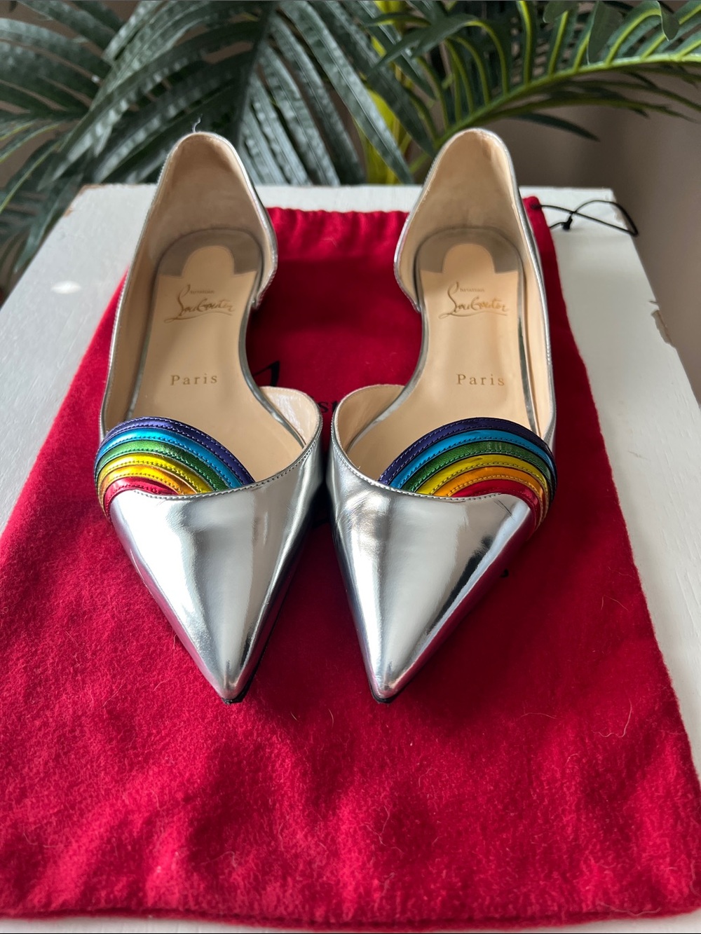 Christian Louboutin Silver Pointed Flats with Rainbow Arch Detail